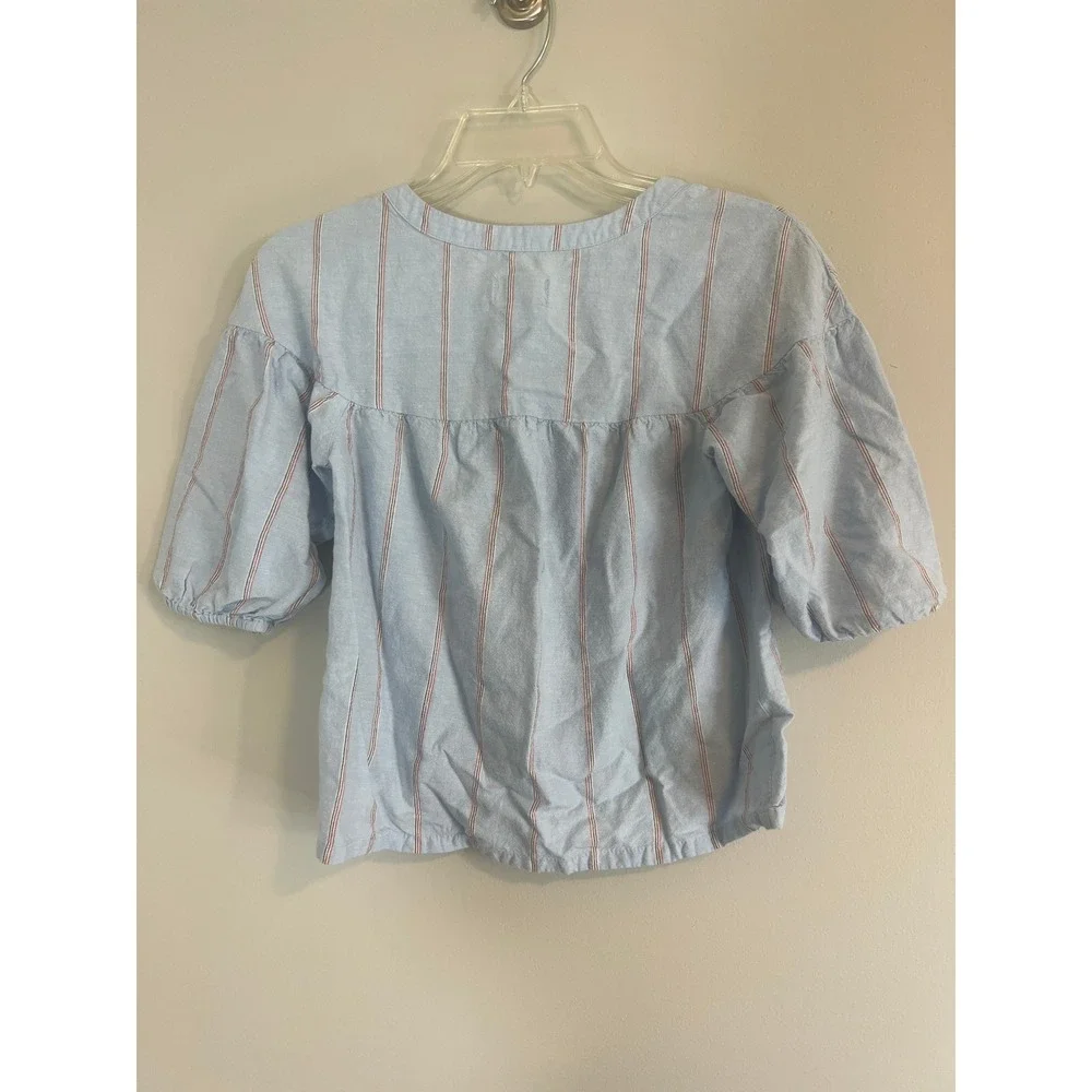 Old Navy Girls Blue Striped Linen Blend Puff Sleeve Blouse Top Size M 8